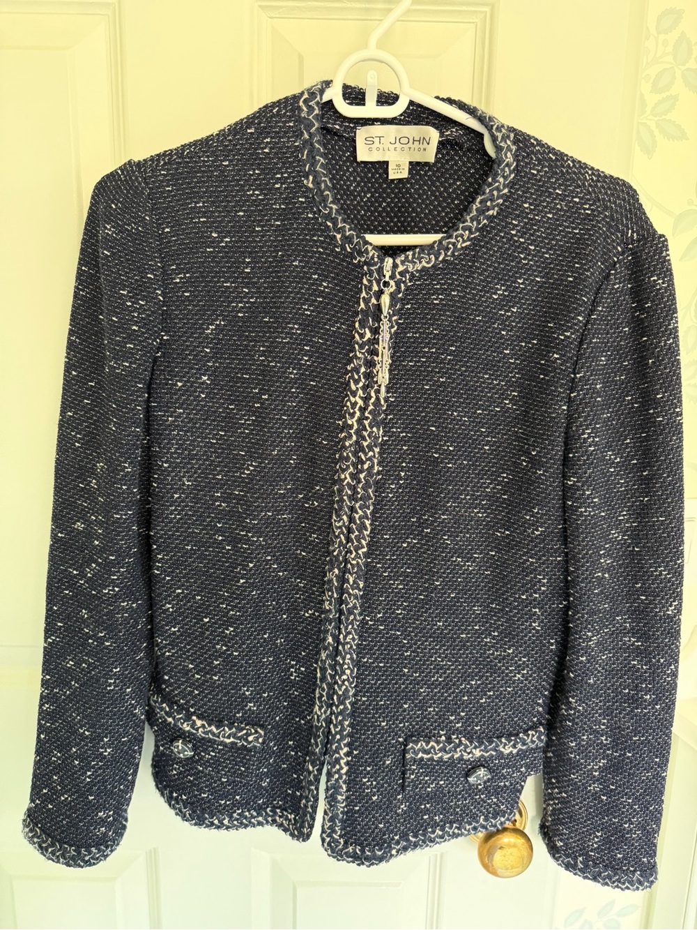 St. John Navy Tweed Collarless Knit Jacket